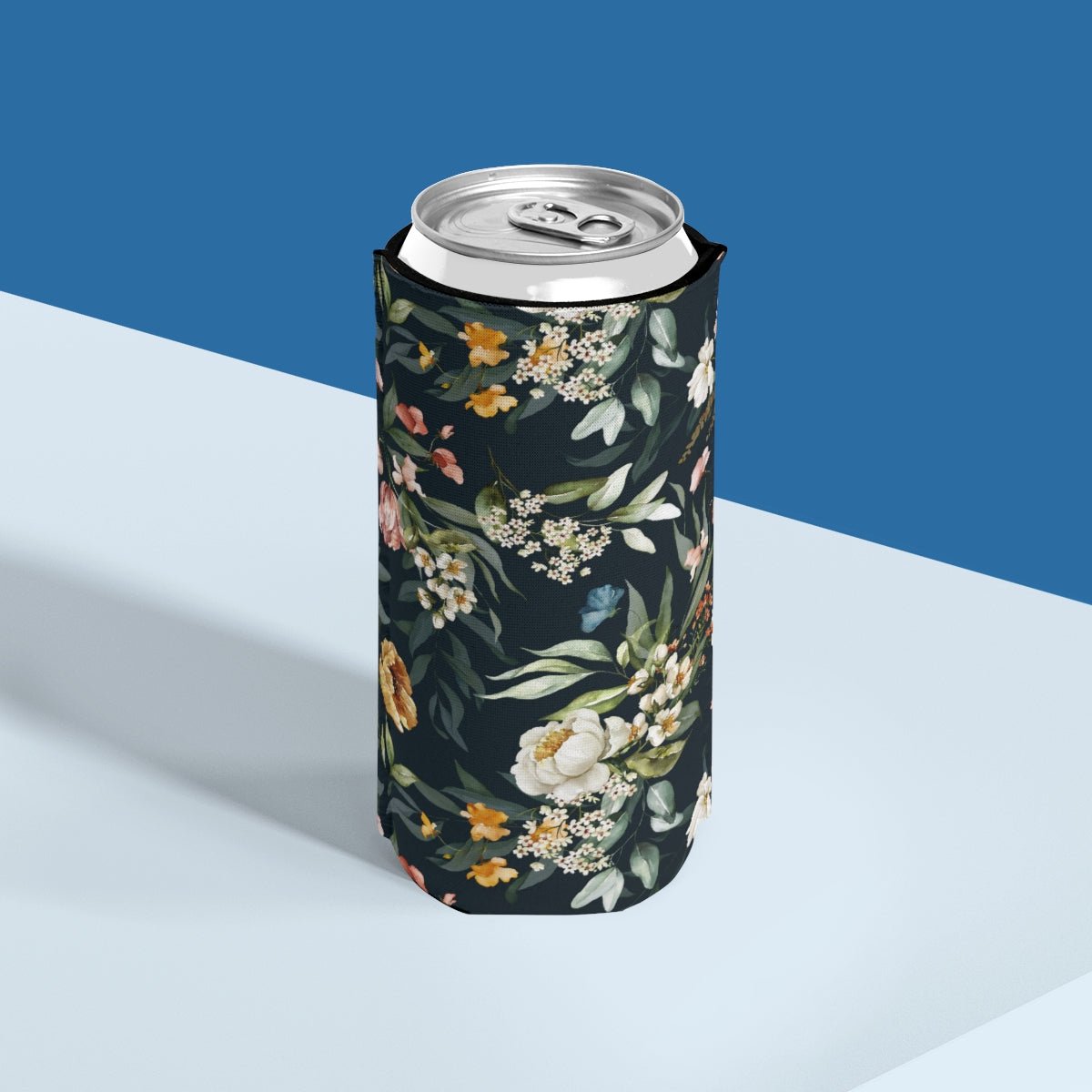 Watercolor Flowers Slim Can Cooler - Puffin Lime