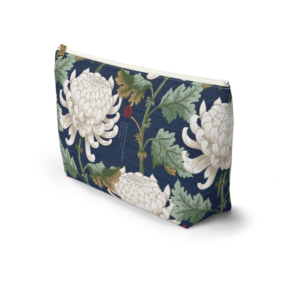 White Japanese Chrysanthemum Accessory Pouch w T-bottom - Puffin Lime