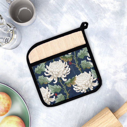 White Japanese Chrysanthemum Pot Holder with Pocket - Puffin Lime
