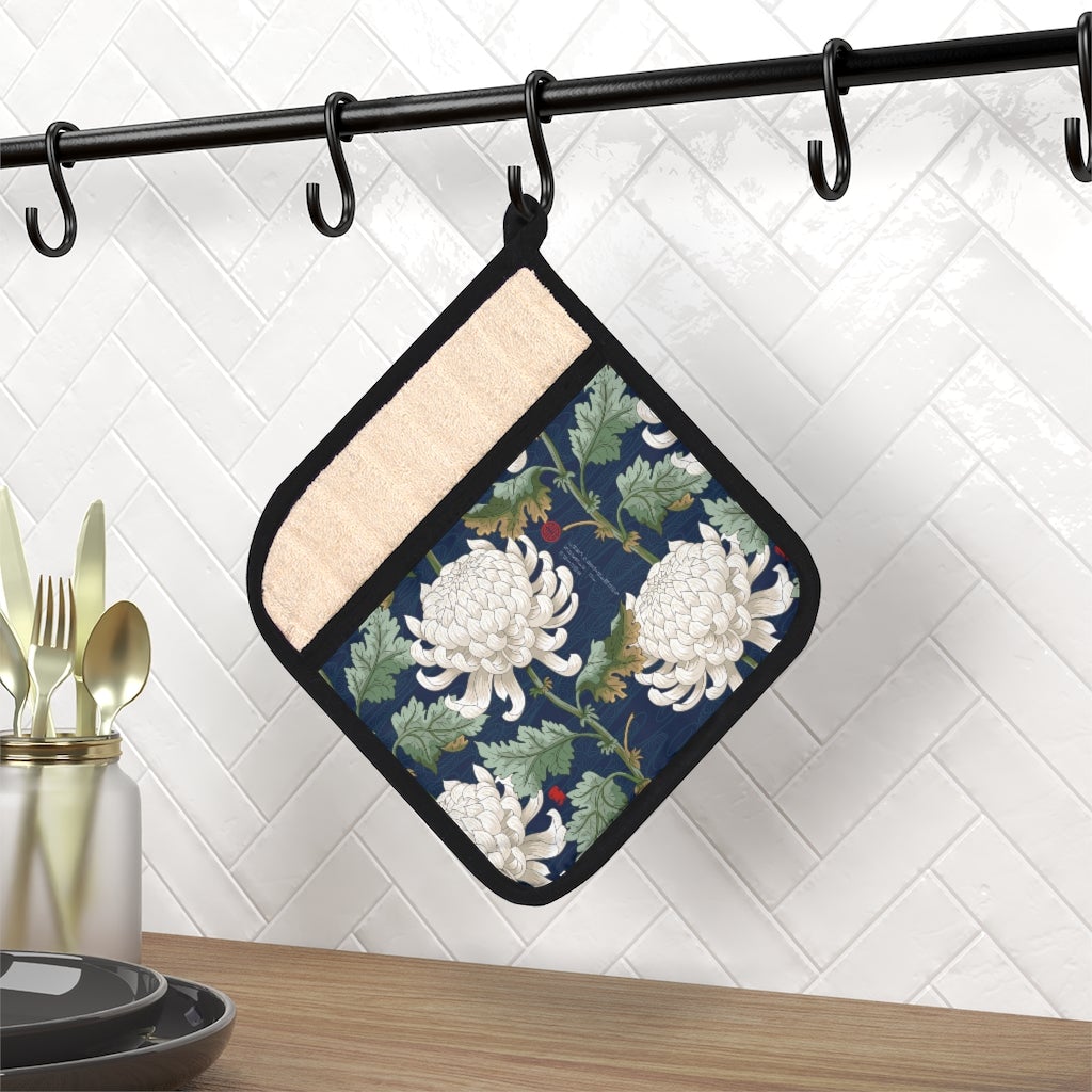 White Japanese Chrysanthemum Pot Holder with Pocket - Puffin Lime