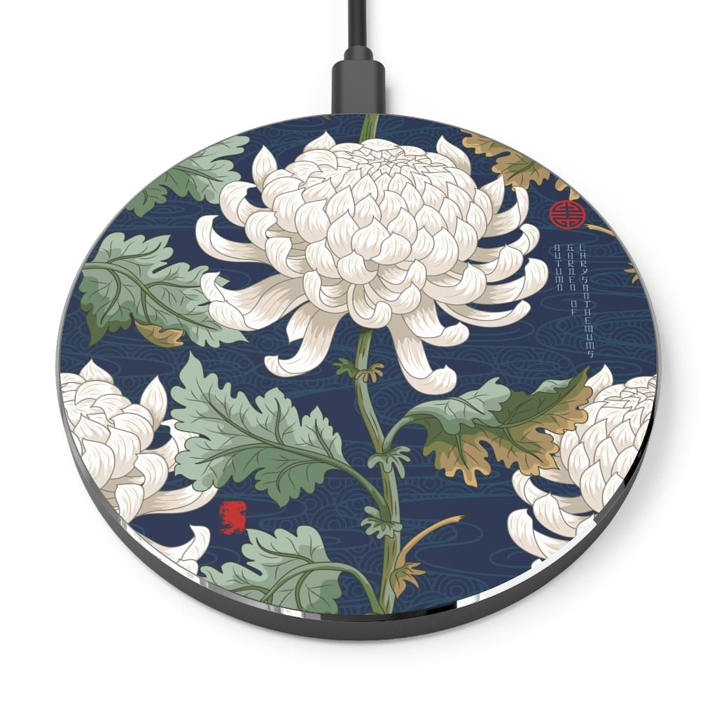 White Japanese Chrysanthemum Wireless Charger - Puffin Lime