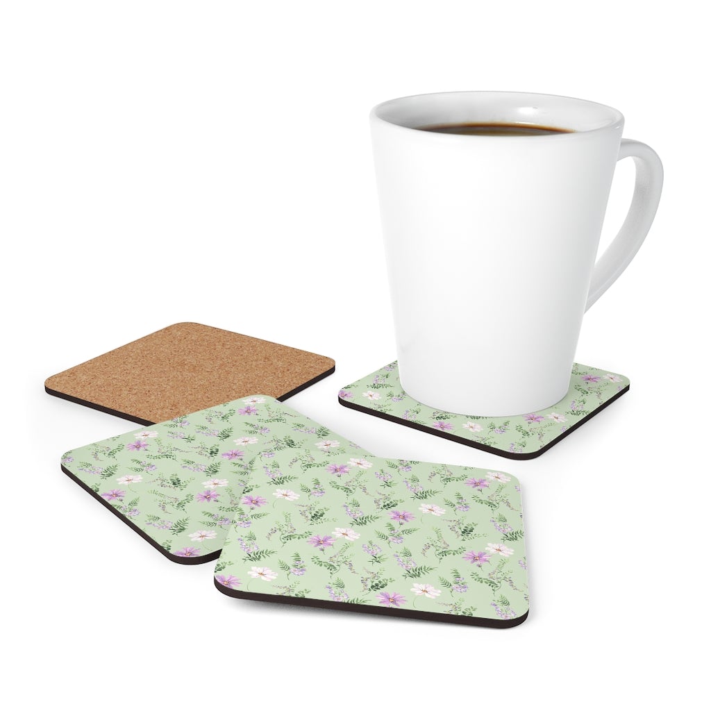 Wild Flower Corkwood Coaster Set - Puffin Lime