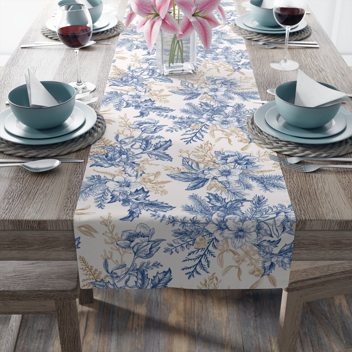 Winter Hellebore Flowers Table Runner - Puffin Lime