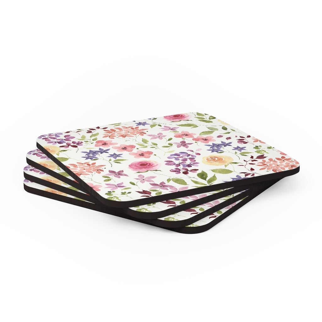 Yellow and Pink Roses Corkwood Coaster Set - Puffin Lime