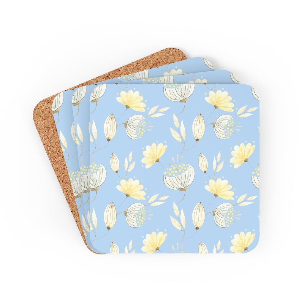 Yellow Flowers Corkwood Coaster Set - Puffin Lime