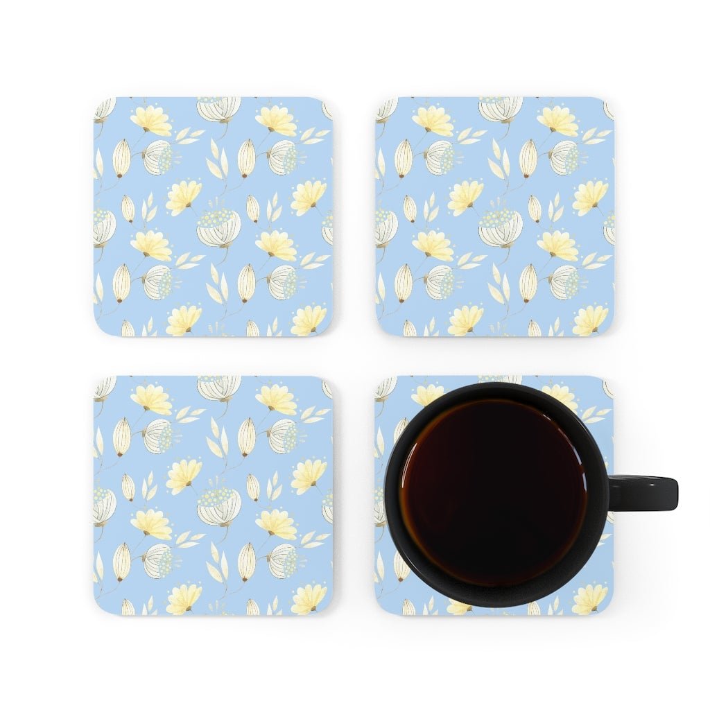 Yellow Flowers Corkwood Coaster Set - Puffin Lime