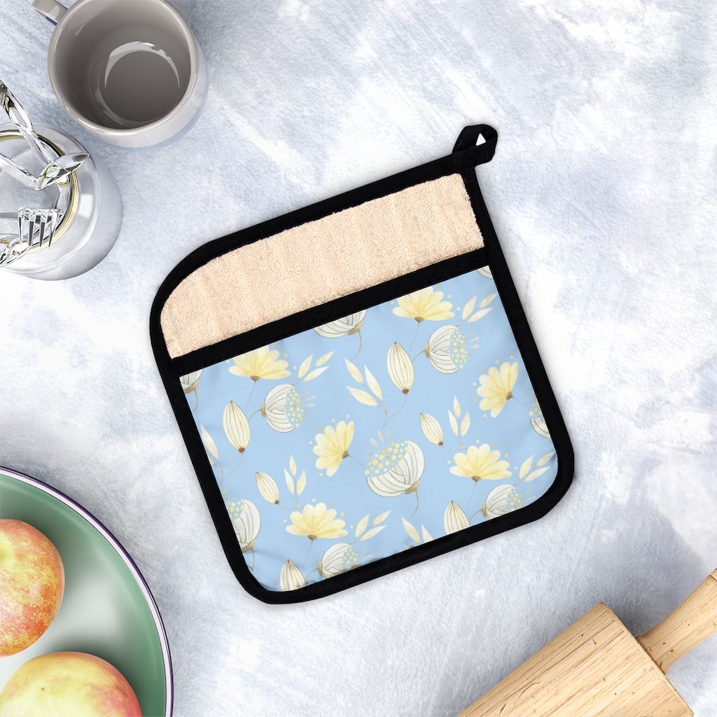 Yellow Flowers Pot Holder with Pocket - Puffin Lime