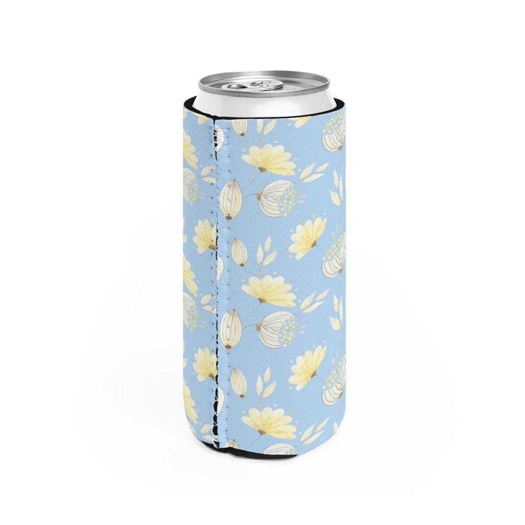 Yellow Flowers Slim Can Cooler - Puffin Lime