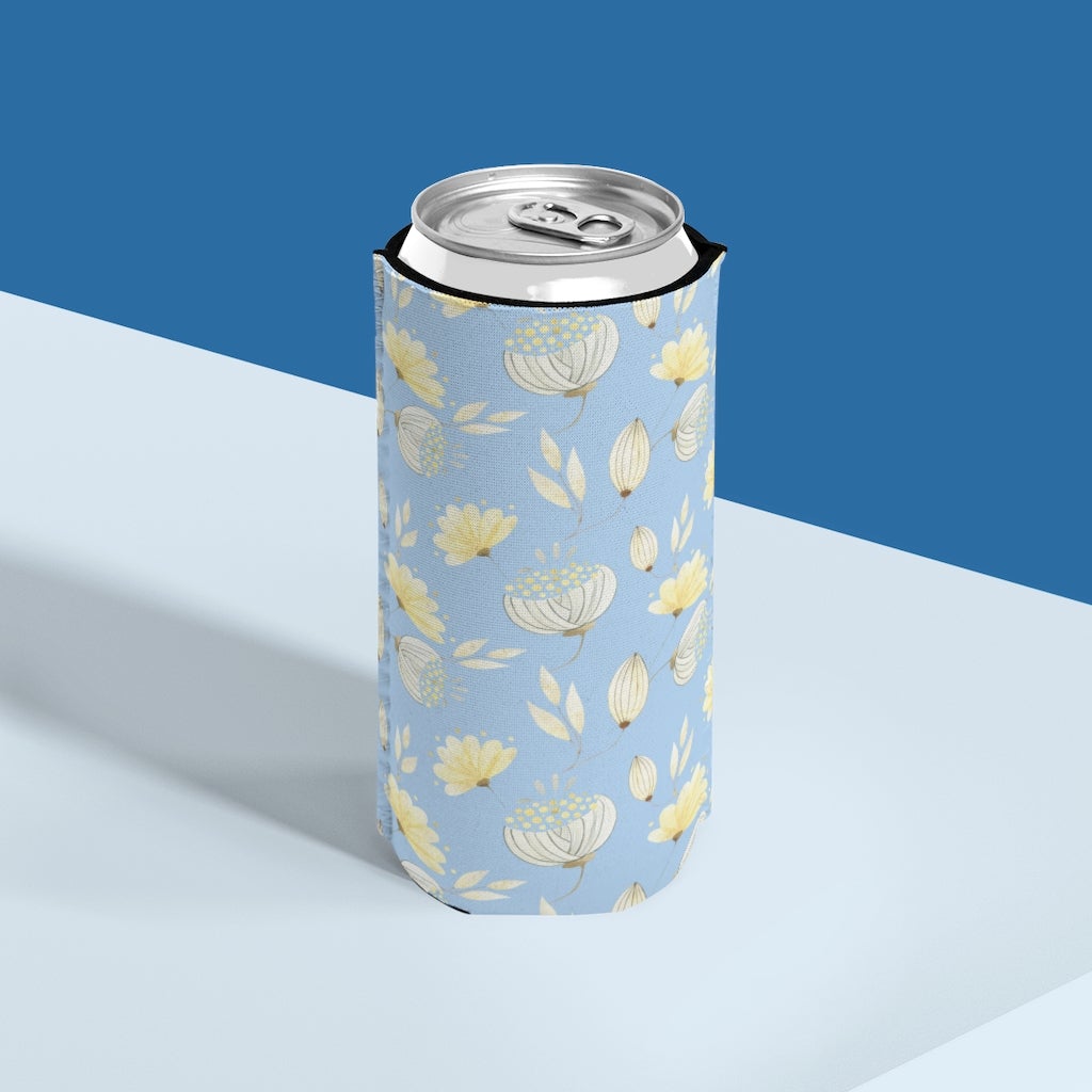 Yellow Flowers Slim Can Cooler - Puffin Lime